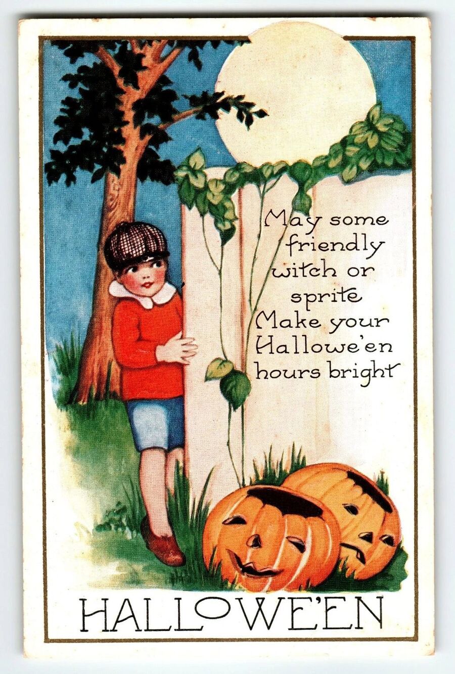 Whitney Vintage 1907-1915 Halloween Postcard Boy & Jack-O'-Lanterns Lithograph